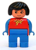 LEGO 4555pb099 Duplo Figure, Female, Blue Legs, Red Top with Yellow and Red Polka Dot Scarf, Blue Arms, Black Hair