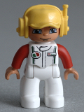 LEGO 47394pb160 Duplo Figure Lego Ville, Male, White Legs, White Race Top with Octan Logo, Yellow Cap with Headset