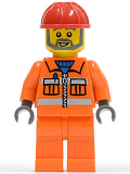 LEGO con008 Construction Worker - Orange Zipper, Safety Stripes, Orange Arms, Orange Legs, Red Construction Helmet, Gray Angular Beard